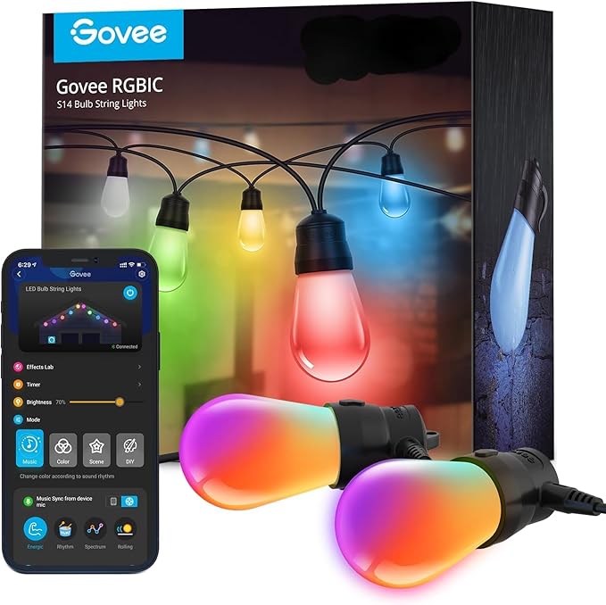 Govee Smart Outdoor String Lights H7015, 48ft RGBIC Outdoor Lights with 15 Dimmable LED Bulbs, IP65 Waterproof, Color Changing Warm White Lights with 47 Scene Modes for Patio, Backyard, App Control-Ruum Studio Home