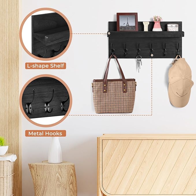 Shelf with Hooks, Coat Rack Wall Mount with 6 Double Metal Hooks, 17 Inch Farmhouse Wall Hooks with Shelf, for Entryway, Bathroom, Kitchen, Black-Ruum Studio Home