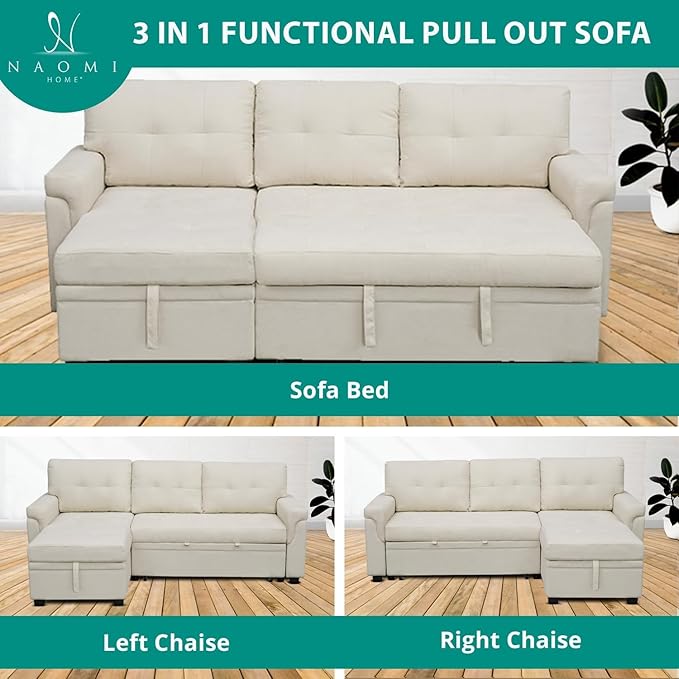 Naomi Home L-Shaped Reversible Sectional Sofa with Pull-Out Sleeper Bed and Storage Chaise, Cream Velvet-Ruum Studio Home