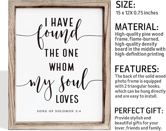 Christian Wall Decor, Master Bedroom Decoration Above Bed, Wedding Decoration, Framed Wall Plaque Sign 15 * 11.5 inches, Song of Solomon 3:4 Sign, I Have Found the One Whom My Soul Loves-Ruum Studio Home