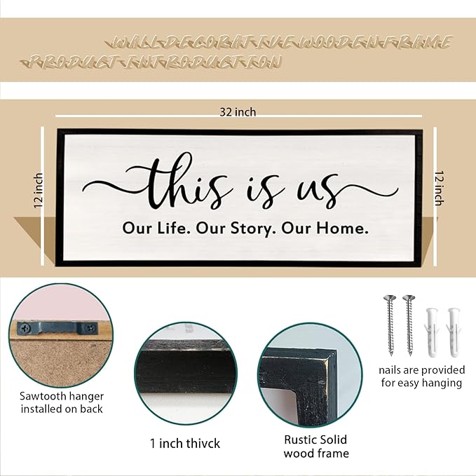 This is us Wall Decor Sign 32'' x 12'' Large Master Bedroom Home Life Story Wood Framed Vintage Family Sign Rustic Plaque Living Room Minimalist Farmhouse Hanging Wall Art (Black)-Ruum Studio Home
