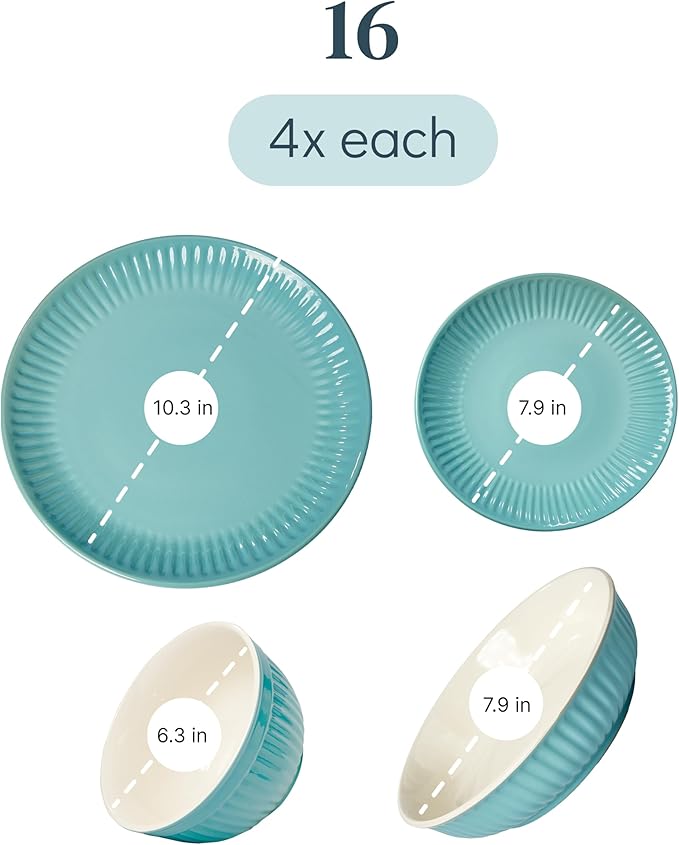 Stoneware Dinnerware Set for 4 People HYGGE 16-Piece - Elegant Scandi Design - Premium Dish Set - Bowl and Plate Set - Tableware for 4 People in a Ribbed Design - Pure Living in Green-Ruum Studio Home