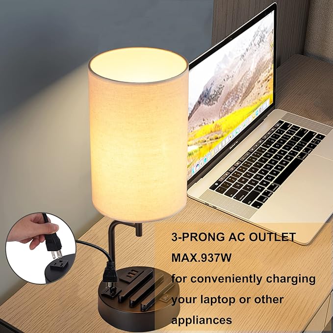 Dreamholder Table Lamp with 3 USB Charging Ports, Modern Desk Lamp with AC Outlet and Phone Stands, Perfect Bedside Lamp for Bedroom, Living Room, Office (Pack of 2), Cream-Ruum Studio Home