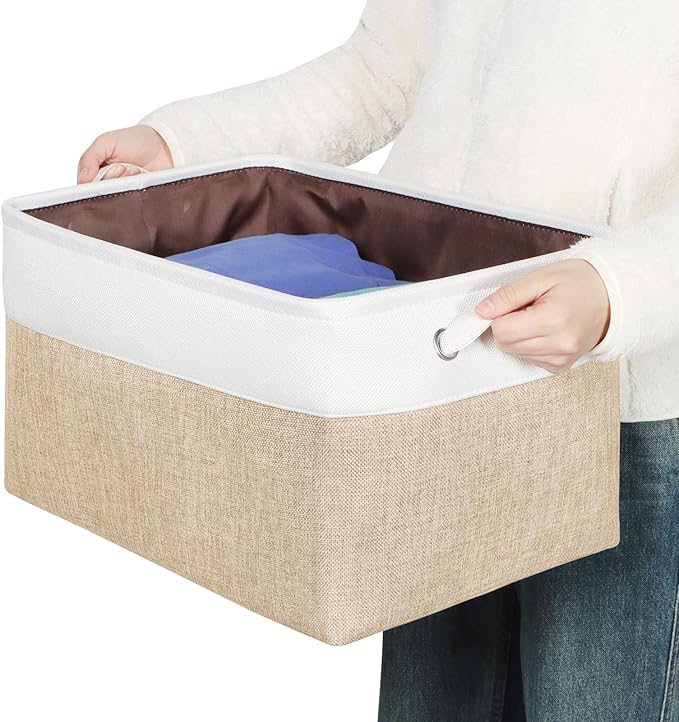 Kntiwiwo Large Fabric Foldable Storage Bin 17" x 11.8" x 9.8" Storage Baskets with Handle Large Cube Storage boxes for Closet, Shelves, Home, Set of 3, Beige-Ruum Studio Home