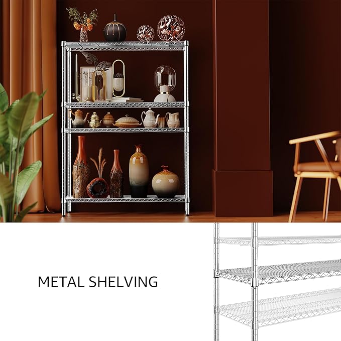 IZEUK 3400 LBS Garage Shelving Wide Storage Shelves 4 Tier Metal Shelves Heavy Duty Adjustable Utility Shelf Rack Chrome 17.7" D x 59.1" W x 70.4" H-Ruum Studio Home