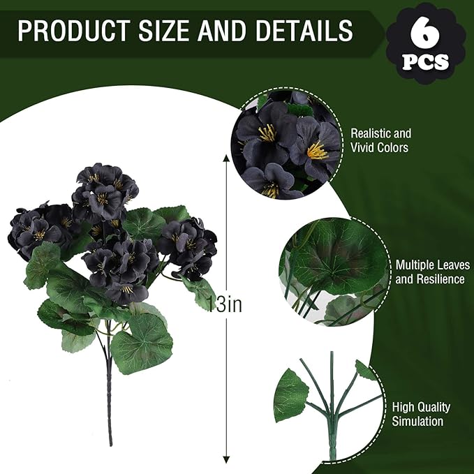 Hananona 6 Bundles Artificial Geranium Flowers for Outdoors Black Silk Geranium Flowers Outdoor UV Resistant Plants Faux Black Flower for Home Kitchen Halloween Table Centerpieces Decor (6, Black)-Ruum Studio Home