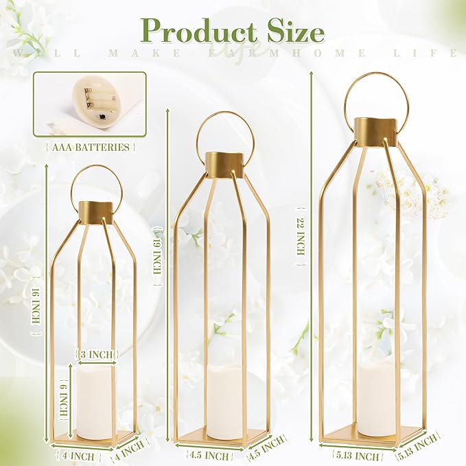 HPC DECOR Modern Farmhouse Lantern Decor- 22''19''16''Tall Large Gold Metal Candle Lanterns for Home Decor-Lanterns Decorative w/Timer Flickering Candles for Living Room,Outdoor,Fireplace Mantle Decor-Ruum Studio Home