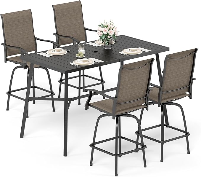 Sophia & William Outdoor Bar Set, Patio Bar Table and Chairs Set, Bar Height Patio Set - 4 x Swivel Bar Chairs(Brown), 1 x Rectangular Bar Table(Black)-Ruum Studio Home