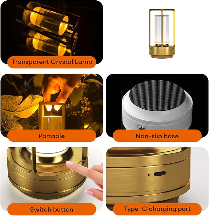 Portable Metal Table Lamp for Indoor/Outdoor ,Rechargeable Cordless LED Lamp, 3-Colour Infinitely Dimming Battery Powered Small Desk Lamp, Restaurant/Bedroom/Bar/Coffee/Camping Light (Gold Set of 2)-Ruum Studio Home