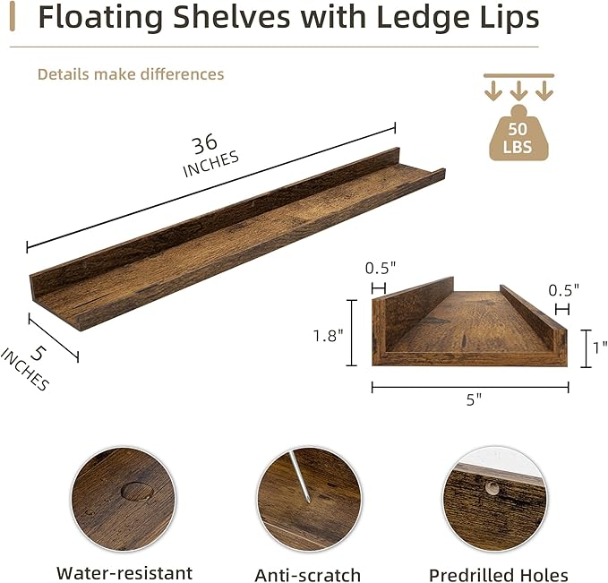 Picture Ledge Shelf, Wood Floating Shelves Set of 2, 36 inch Picture Ledge Shelves, Photo Ledge Nursery Book Shelves Wall Mounted for Living Room Kids' Room Bedroom, Color Brown-Ruum Studio Home