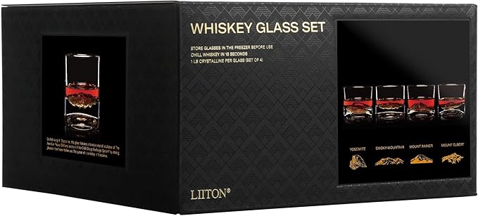 American Peaks Heavy Crystal Whiskey Glasses Gift Set of 4, Thick Freezable Bourbon Glass 1lb Each, Premium Whiskey Gifts for Men, Frozen Crystal Chills Cocktails, 10 oz-Ruum Studio Home
