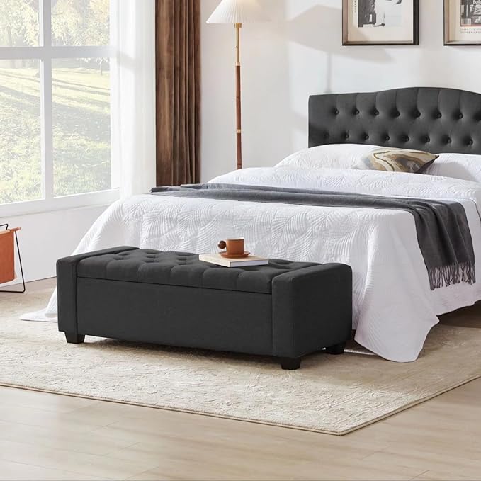48" Ottoman with Storage, Storage Ottoman Bench with Safety Hinge, Upholstered Entryway Bench with Seating for Bedroom, Living Room, Holds up to 330 lb, Dark Gray-Ruum Studio Home