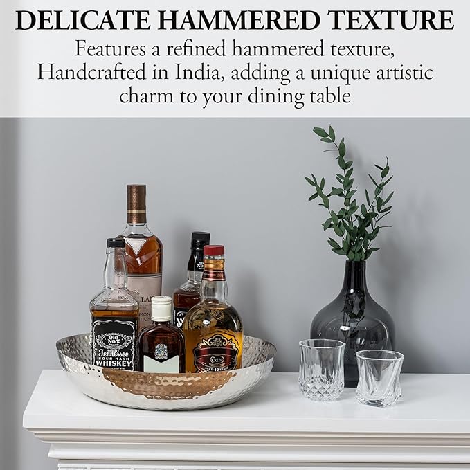 MyGift 14 Inch Deluxe Decorative Dish Tray Centerpiece Base, Silver Tone Plated Hammered Aluminum Fruit Bowl Serving Platter with Cutout Handles - Handcrafted in India-Ruum Studio Home