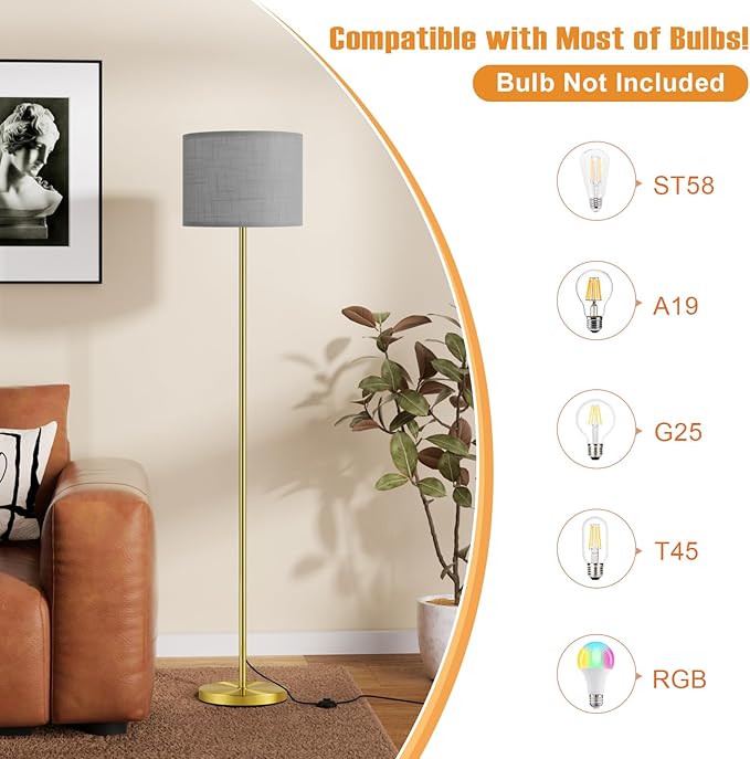 Ambimall 60'' Modern Floor Lamp with Shade, Tall Lamps for Living Room, Bedroom, Office, Dining Room, Linen Grey Shade with Brushed Gold Pole(Without Bulb)-Ruum Studio Home