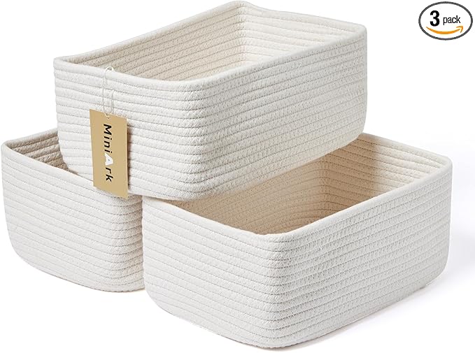Small Storage Baskets for Organizing | Closet Organizer Bins | Shelf Toy Basket | Woven Rope Baskets | Cube Decorative Box | Shallow Basket | 11.5x7.5x4.7” | 3 Packs Off White-Ruum Studio Home