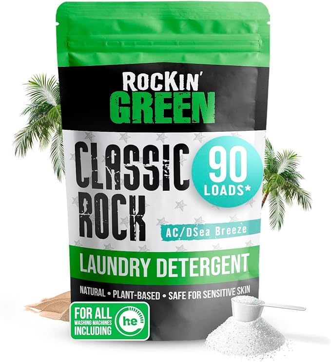 Rockin' Green Classic Rock Laundry Detergent (90 Loads), Plant based, All Natural Laundry Detergent Powder, Vegan and Biodegradable Odor Fighter, Safe for Sensitive Skin, 45 oz (AC/DSea Breeze)-Ruum Studio Home