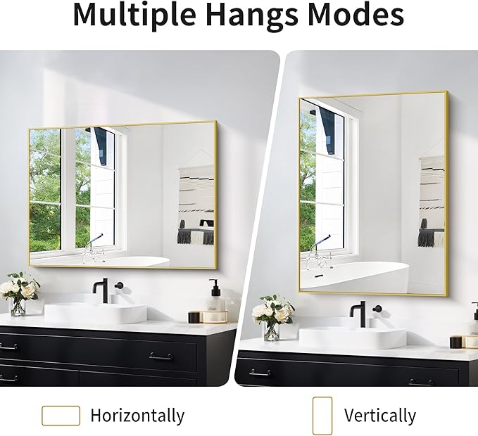 30x40In Gold Bathroom Mirror for Wall, Brushed Gold Rectangle Mirrors with Metal Frame, Bathroom Rectangular Mirror Modern Wall Mirror for Bedroom Living Room, Hangs Horizontal or Vertical-Ruum Studio Home