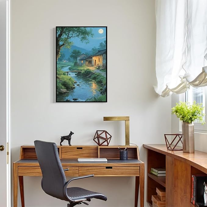 Moonlight under the big tree creek cabin scenery is suitable for posting in the living room bedroom office scenery poster wall painting-Ruum Studio Home