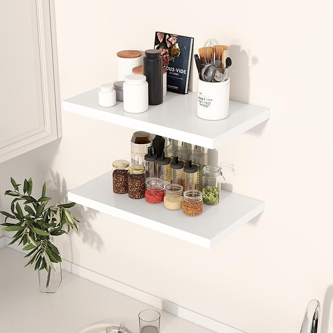 24" Floating Shelves for Wall, 12" Deep Slim White Floating Shelves, Wall-Mounted Shelves for Bedroom, Living Room, Kitchen, Bathroom - Set of 2-Ruum Studio Home