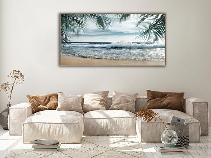 Framed Tropical Beach Wall Art - Ocean Waves Canvas Pictures Coastal Blue Sky and Sea Print Seaside Palm Tree Leaves Scene Painting Artwork Living Room Bedroom Office Home Decor 29" x 58"-Ruum Studio Home