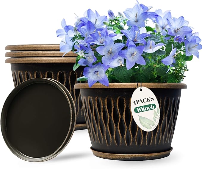 4 Pack 10 Inch Retro Plant Pots, Vintage Striped Flower Pots with Drainage Hole & Saucer, Large Plastic Planters for Indoor and Outdoor Plants, Decorative Garden Pots(Gold)-Ruum Studio Home