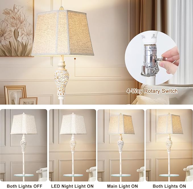 Vintage Floor Lamp with Nightlight and Glass Tray, Farmhouse Standing Lamp with White Washed Finish and Linen Shade, 65" Rustic Tall Lamp Decor for Living Room, Bedroom, Office, House (Bulb Included)-Ruum Studio Home