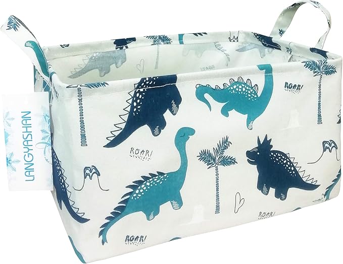 LANGYASHAN Rectangular Storage Bin Collapse Canvas Fabric Cartoon Storage Basket with Handles for Organizing Home Kitchen Boys and Girls Toys Office Closet Shelf Baskets (Rec green dinosaur)-Ruum Studio Home