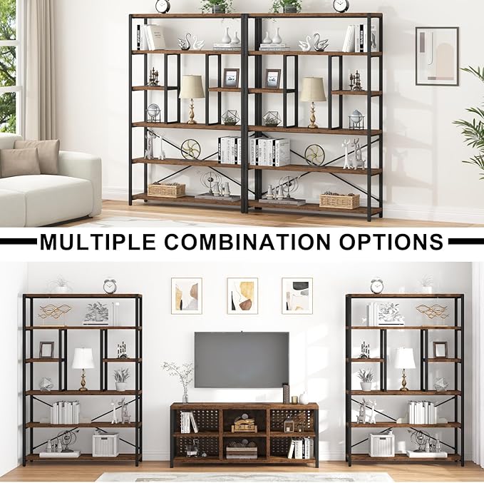 LVB Rustic Bookcases and Book Shelves, Metal Wood 6 Tier Bookshelf and Book Rack Storage, Industrial Vertical Display Etagere Book Case 6 Shelf, Vintage Large Book Shelf for Bedroom Living Room, Brown-Ruum Studio Home