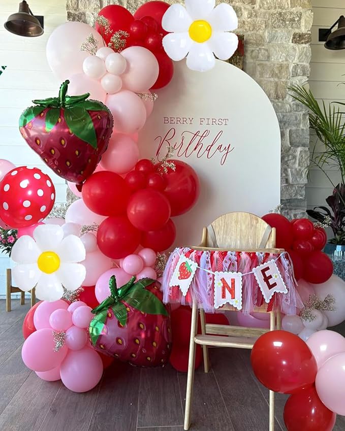 Strawberry Balloons Arch Garland Kit, 135PCS Red and Pink Balloons with Strawberry Daisy Foil Balloons for Sweet Girl Berry First Birthday Decor Baby Shower Themed Party Decorations-Ruum Studio Home