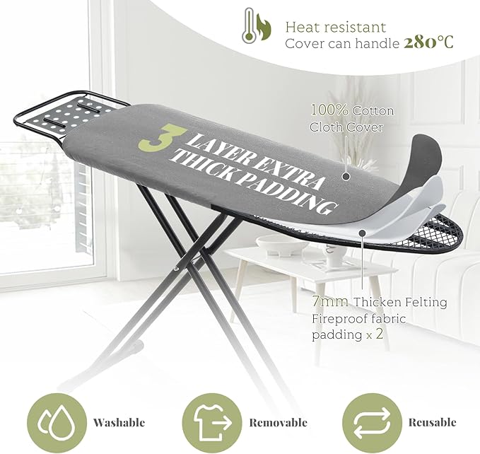 Ironing Board Full Size, RAINHOL 43"x13" Heavy Duty Compact Ironing Board with Iron Rest, Height Adjustable Sturdy Iron Stand, Grey Cover with Extra Thick Padding-Ruum Studio Home
