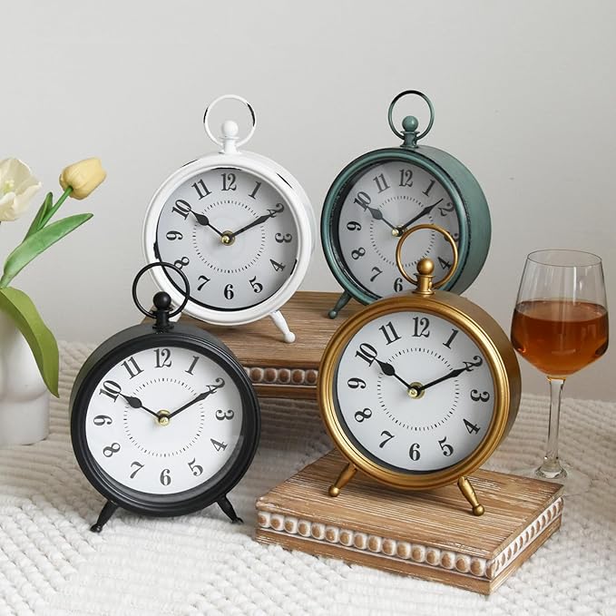 Vintage Small Rustic Green Table Clock on Stand - Decorative Desk and Shelf Clock, Battery Operated, Silent Non-Ticking Timepiece Perfect for Office, Living Room, and Bedroom Decor-Ruum Studio Home
