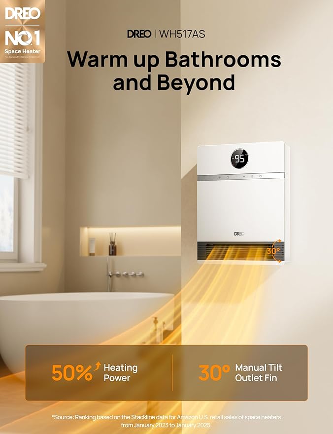 Dreo Smart Wall Heater, IP24 Electric Space Heater with ALCI Plug for Indoor Use, 30° Oscillation, Adjustable Thermostat, Remote Control, Works with Alexa, 24H Timer, Easy-mounted Heater for Bathroom-Ruum Studio Home