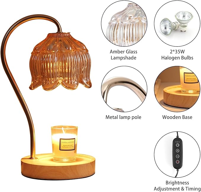 GEEZO Fragrance Candle Warmer Lamp with 2 Bulbs Electric Candle Warmer with Timer & Dimmer for Home Decor Wax Melt for Small Large Size Jar Candles Retro Wooden Base-Ruum Studio Home