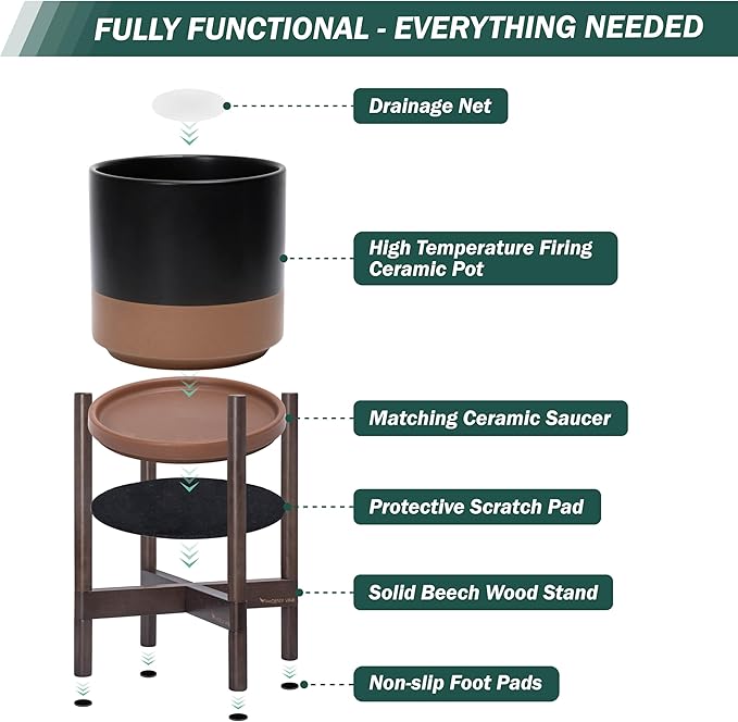 D'vine Dev Ceramic Planter with Walnut Color Stand - 8 Inch Modern Round Flower Pot with Wood Planter Holder, Black/Speckled Tan, 55-B-Y-7-Ruum Studio Home