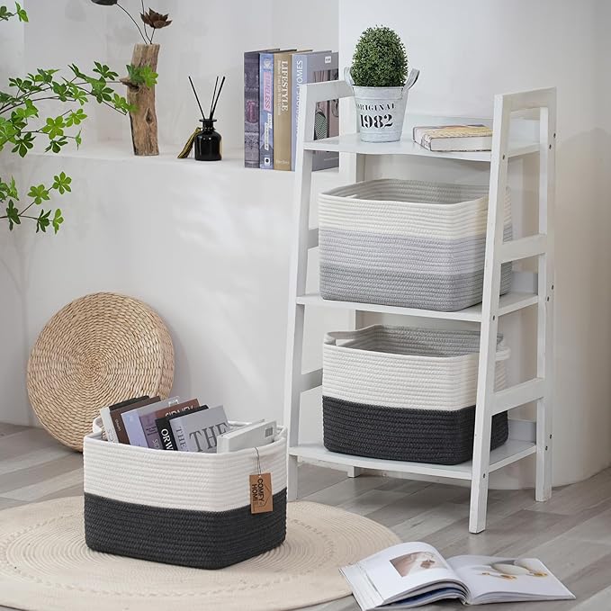 COMFY-HOMI Cotton Rope Woven Basket with Handles for Shelves,Toys,Book, Cloth Storage Baskets Bin for Organizing-13.5"x11"x9.5" Toy Decorative Organizer for Living Room, Bathroom-White/Dark Grey-Ruum Studio Home