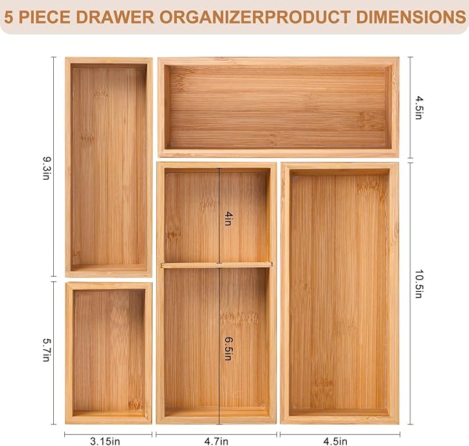 Bamboo Drawer Organizer 5 Pcs for Kitchen Multi-purpose Storage Dividers for Kitchen, Office, Jewelry, Cosmetics, Wooden Drawer Dividers for Drawer Organizer Desk Organizer Gift for Women Gifts Idea-Ruum Studio Home