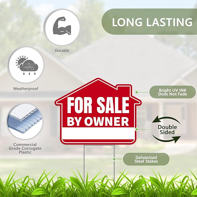 1PC For Sale By Owner Sign with Stakes, 17 Inches by 13 Inches - Double Sided Signs - Corrugated Plastic - FSBO Yard Sign for Home House Real Estate-Ruum Studio Home