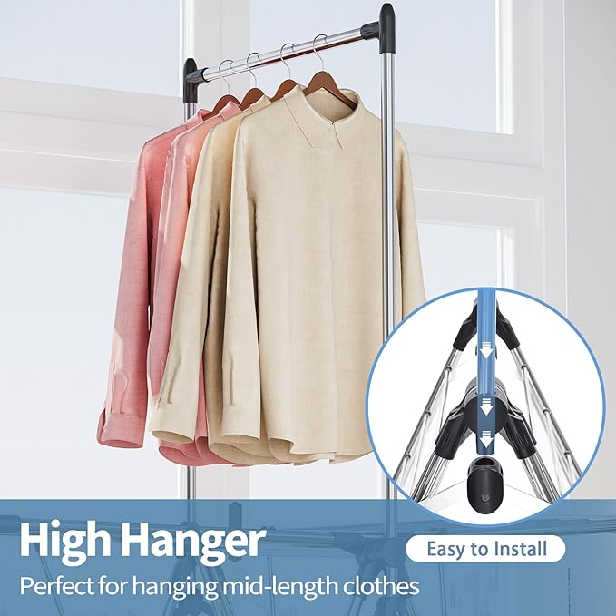 APEXCHASER Clothes Drying Rack with High Hanger, Foldable 3-Level Drying Racks with Shoe Rack, Crossbar and Vertical Rod Laundry Stand with Adjustable Wings Silver-Ruum Studio Home