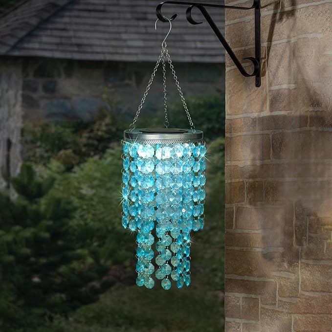 Hanging Solar Lantern Outdoor, 2 Tiers 21” Solar Blue Acrylic Beaded Chandelier with Cool White LED S Hooks for Garden Yard Patio Gazebo Outside Decor-Ruum Studio Home