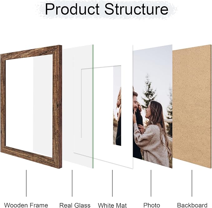 11x14 Picture Frame Set of 4, 11 x 14 Wood Photo Frames with Mat for 8x10, Natural Wooden Frame with Real Glass Cover for Wall and Tabletop Display,Rustic Brown-Ruum Studio Home