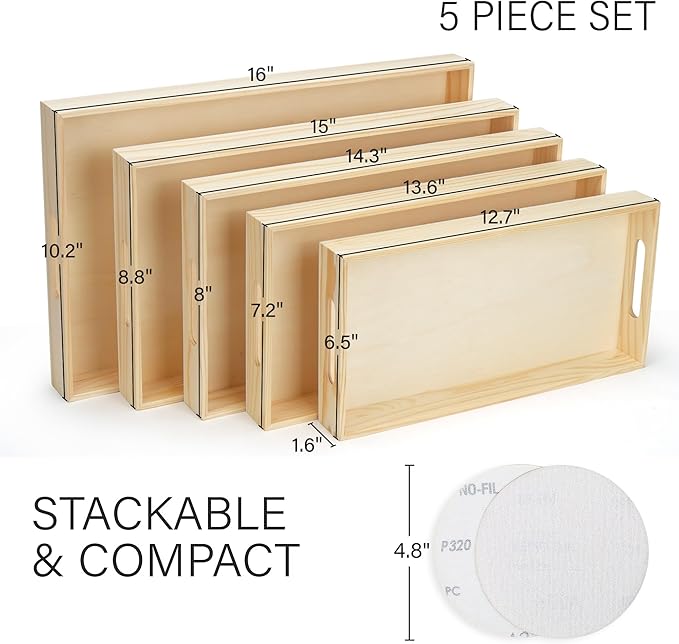 LotFancy Wooden Nested Serving Trays, Set of 5, Unfinished Natural Wood Trays with Handles, for Craft and Decor, Food Organizer for Breakfast, Lunch, Dinner-Ruum Studio Home