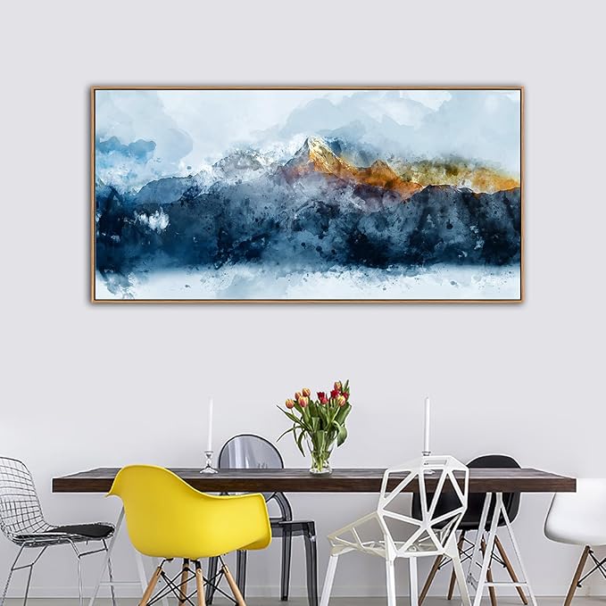 Framed Canvas Wall Art Indigo Abstract Mountain Pictures Wall Decor Blue Grey Orange Mountain Peaks Canvas Painting Prints Modern Abstract Artwork for Living Room Bedroom Decoration 29" X 58"-Ruum Studio Home