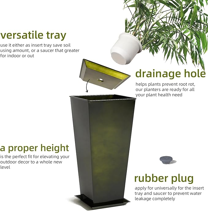 KOL 28''H. Tall Metal Planter with Saucer, Galvanized Steel Glazed Planter Pots with Drainage Hole for Indoor & Outdoor Use, Set of 2, Decorative Flower Plant Pots for Front Porch, Patio, Deck - Green-Ruum Studio Home