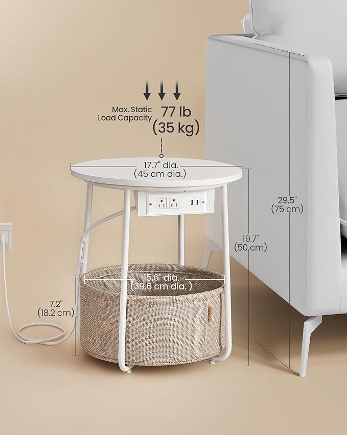 VASAGLE Side Table with Charging Station, Round End Table with Fabric Basket, Nightstand with Power Outlets, USB Ports, for Living Room, Bedroom, Modern, Matte White and Camel Brown ULET228W01-Ruum Studio Home