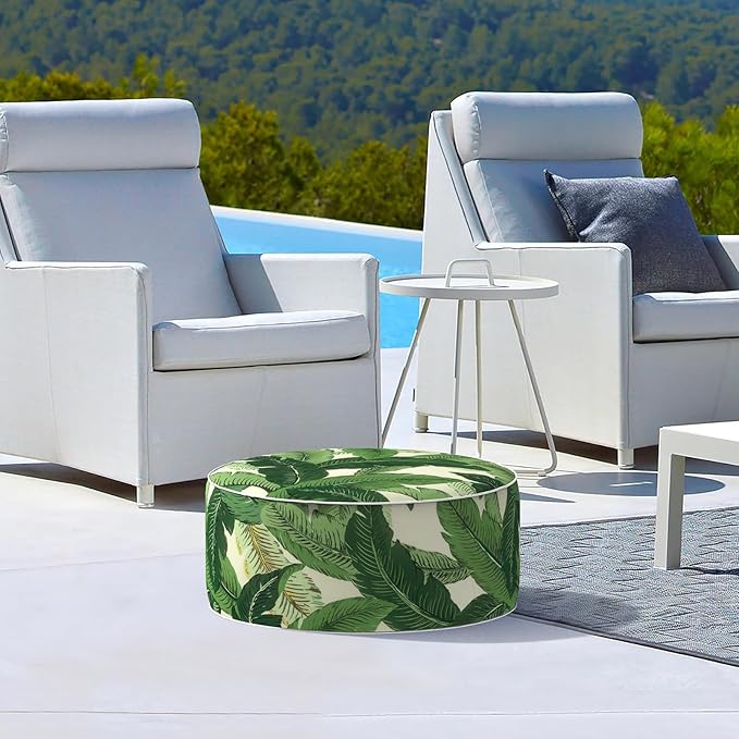 LVTXIII Outdoor/Indoor Round Inflatable Ottoman, All Weather Patio Footstool, Portable Footrest Seat for Patio Garden, Camping or Home, 21"x21"x9", Swaying Palms Green-Ruum Studio Home
