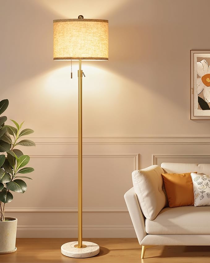 Modern Gold Floor Lamp for Living Room - Adjustable Height Standing Lamp with Marble Base & Linen Shade, 3-Way Dimmable Tall Floor Light for Bedroom, Reading, Bulb Included-Ruum Studio Home