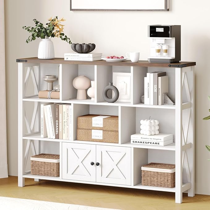11 Cube Storage Organizer Bookshelf, Wooden Open Cube Shelf Bookcase, Farmhouse Display Book Shelf, 3 Tier Cube Bookshelves with Storage, Rustic White-Ruum Studio Home