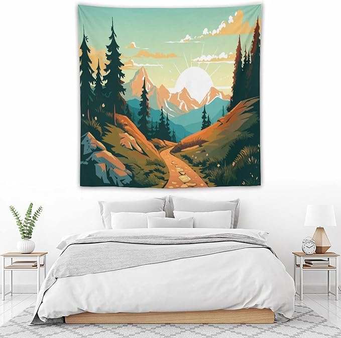 HZOHNAGO Mountain Tapestry Forest Mountain Sunrise Road Pattern Printed Wall Tapestry Wall Hanging for Bedroom Living Room Dorm 60" W x 60" H-Ruum Studio Home
