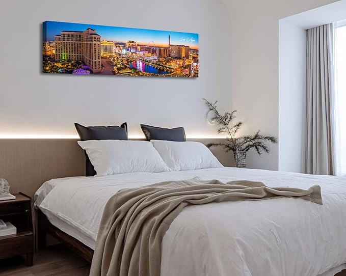 Las Vegas Skyline Wall Art Cityscape Canvas Prints City Modern Building Posters Bellagio Fountain Skyscraper Night View Panoramic Pictures for Home Office Living Room Decor Framed 13.8"x45.3"-Ruum Studio Home