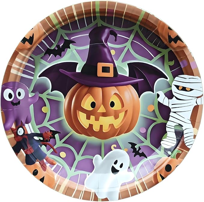 Halloween Paper Plates,Cups,Forks(96Pcs)-Disposable Party Plates Heavy Duty,Party Supplies Tableware Set|Paper Plates 9 inch & 7 inch,Spooky Decor(Flying Pumpkin,Ghost,Zombie,Bat) for Kids Halloween-Ruum Studio Home